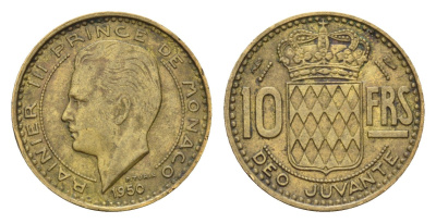 Монако 10 франков 1950 Ренье III (1949-2005) KM 130 алюминиевая бронза 4679-626