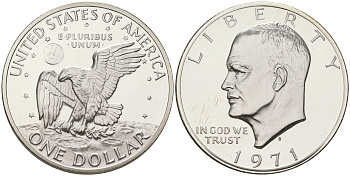 США 1 доллар 1971 S, Президент Эйзенхауэр, лунный орел KM 203a серебро  PROOF 1095-7-33