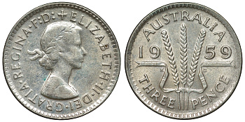 Австралия 3 пенса 1959 m, Елизавета II (1952-2022) KM 57 серебро 71-619