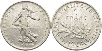 ФРАНЦИЯ 1 ФРАНК 1966 СЕЯТЕЛЬ KM 925.1, LE FRANC 226.11 никель 175-524