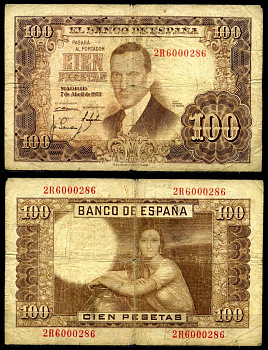 Испания 100 песет 1953 7 апреля 1953, Хулио Ромеро де Торрес Pick 145а бумага 8617-13-1-1