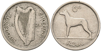 Ирландия 6 пенсов 1928 собака, мрландский волкодав KM 5 никель 202-451
