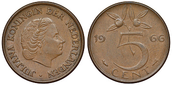 Нидерланды 5 центов 1966 Юлиана KM 181 бронза 71-121