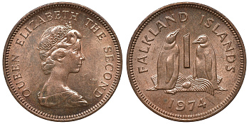 Фолклендские острова 1 пенни 1974 Елизавета II (1952-2022), папуанский пингвин KM 2 бронза aUNC 4118-136