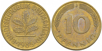 ФРГ 10 ПФЕННИГОВ 1985 J KM 108, J.383 сталь плакированная латунью 3996-856