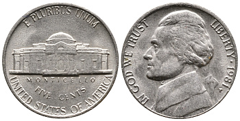 США 5 ЦЕНТОВ 1981 P, ДЖЕФФЕРСОН KM А192 медно-никель 4364-631