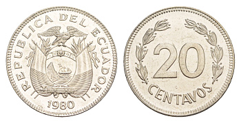 Эквадор 20 сентаво 1980 KM 77.2a сталь плакированная никелем UNC 4640-1239