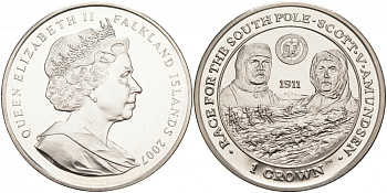 Фолклендские острова 1 крона 2007 экспедиции к Южному полюсу Скотта и Амундсена, 1911 KM 158 медно-никель UNC 74-223