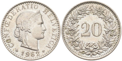 Швейцария 20 раппенов 1962 В KM 29a медно-никель 55-827