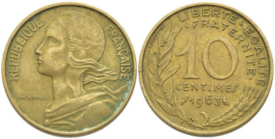 ФРАНЦИЯ 10 САНТИМОВ 1963 ТИП MARIANE KM 929, LE FRANC 144.3 алюминиевая бронза 116-417