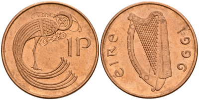 Ирландия 1 пенни 1996 мифологическая птица лира KM 20a бронза 4141-246