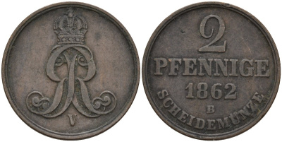 Брауншвейг-Каленберг-Ганновер 2 пфеннига 1862 B, Георг V (1851-1866) KM 234, AKS 153, J. 91 медь 4142-442
