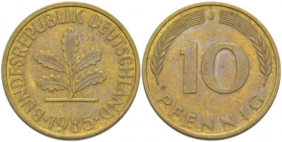 ФРГ 10 ПФЕННИГОВ 1985 J KM 108, J.383 сталь плакированная латунью 3996-856