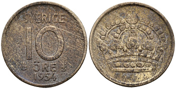 Швеция 10 эре 1954 Густав VI Адольф (1950-1973) KM 823 серебро 4147-866