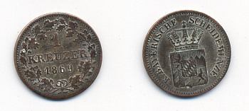 Бавария 1 крейцер 1869 Людвиг II (1864-1886) KM 487 серебро 71-1518