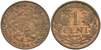 НИДЕРЛАНДЫ 1 ЦЕНТ 1941 ВИЛЬГЕЛЬМИНА (1890-1948) KM 152 бронза 39-112
