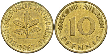 ФРГ 10 ПФЕННИГОВ 1967 J KM 108, J. 383 сталь плакированная латунью 219-427