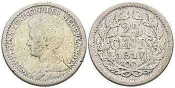 Нидерланды 25 центов 1917 Вильгельмина (1890-1948) KM 146 серебро 4609-766