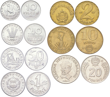 Венгрия набор из 7 монет (10, 20 и 50 филлеров; 1, 2, 10 и 20 форинтов) 1986 и 1987 Народная Республика KM 572, 573, 574, 575, 591, 630 и 636 4612-721-727