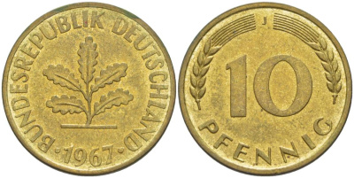 ФРГ 10 ПФЕННИГОВ 1967 J KM 108, J. 383 сталь плакированная латунью 219-427