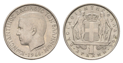Греция 1 драхма 1966 Константин II (1966-1973) KM 89 медно-никель UNC 4669-133