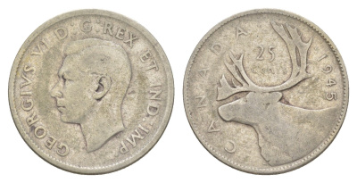 Канада 25 центов 1945 Георг V (1910-1936), олень KM 35 серебро 73-1255