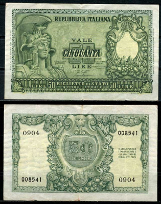 Италия 50 лир 1951 Афина Pick 91 a, Grapanzano BS 54 бумага бумага 8614-10-4-1