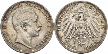 Пруссия 3 марки 1912 Вильгельм II (1888-1918) KM 527, J. 103 серебро    3896-1042