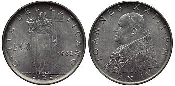 ВАТИКАН 100 ЛИР 1962 IV ГОД ПРАВЛЕНИЯ ПАПЫ ИОАННА XXIII (1958-1963) KM 64.2 нержавеющая сталь 4545-1214