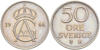Швеция 50 эре 1966 U, Густав VI Адольф (1950-1973) KM 837 медно-никель UNC 4379-1342