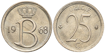 Бельгия 25 сантимов 1968 Belgie, Бодуэн I (1951-1993) KM 154.1 медно-никель 4609-443