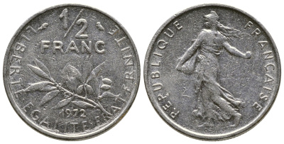 Франция 1/2 франка 1972 сеятель KM 931.1, LE FRANC 198.11 никель 93-1417
