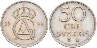 Швеция 50 эре 1966 U, Густав VI Адольф (1950-1973) KM 837 медно-никель UNC 4379-1342