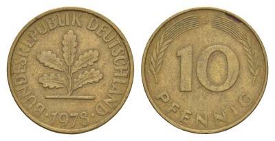 ФРГ 10 пфеннигов 1978 J KM 108, J. 383 сталь плакированная латунью 4630-1266