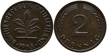 ФРГ 2 пфеннига 1965 J KM 106, J.381 бронза 99-142
