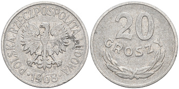 ПОЛЬША 20 ГРОШЕЙ 1968 MW KM A47 алюминий VF 188-329