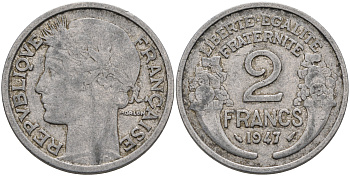 Франция 2 франка 1947 KM 886а.1 алюминий 4589-622