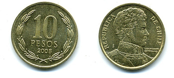 ЧИЛИ 10 ПЕСО 2008 ГЕНЕРАЛ БЕРНАРДО О ХИГГИНС KM 228.2 никель-бронза 37-344