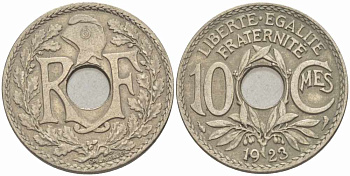 ФРАНЦИЯ 10 САНТИМОВ 1923 ТИП ЛИНДАЙЁ KM 866а, LE FRANC 138.8 медно-никель 108-142