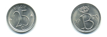 Бельгия 25 сантимов 1970 Belgie, Бодуэн I (1951-1993) KM 154.1 медно-никель UNC 80-927
