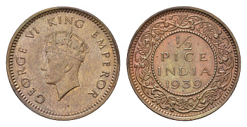 Британская Индия 1/2 пайса 1939 Георг VI (1936-1952) KM 528 бронза UNC 1520-215