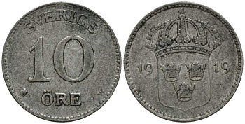 Швеция 10 эре 1919 W, Густав V (1907-1950) КМ 780 серебро 201-1065