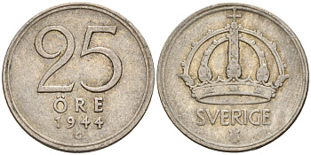 Швеция 25 эре 1944 G, Густав V (1907-1950) KM 816 серебро 4147-955