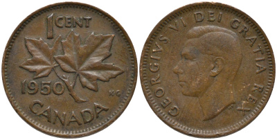Канада 1 цент 1950 Георг VI (1937-1952), кленовый лист KM 41 бронза 4532-1029