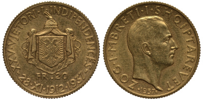 Албания 20 франга ари 1937 25 лет независимости, Ахмет Зогу KM 20 золото UNC 00-000-00