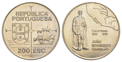 Португалия 200 эскудо 1992 450 лет открытию Калифорнии KM 661 медно-никель UNC 1101-5-54