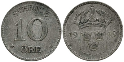 Швеция 10 эре 1919 W, Густав V (1907-1950) КМ 780 серебро 201-1065