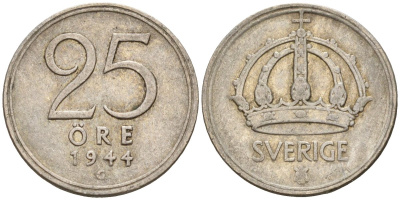 Швеция 25 эре 1944 G, Густав V (1907-1950) KM 816 серебро 4147-955