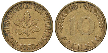 ФРГ 10 пфеннигов 1950 J KM 108, J. 383 сталь плакированная латунью 4132-535