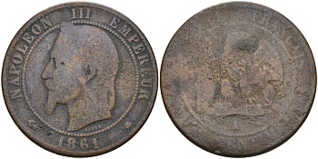 Франция 10 сантимов 1864 А, Наполеон III (1852-1870) KM 798.1, Le Franc 134.11 бронза 4574-441